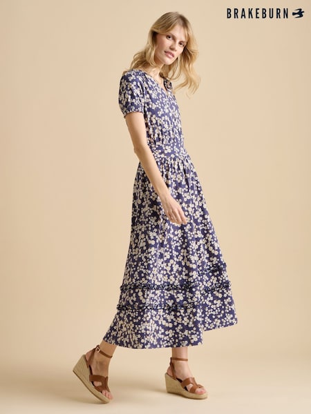 Brakeburn Blue 100% Cotton Floating Daisy Maxi Dress (F90215) | €93