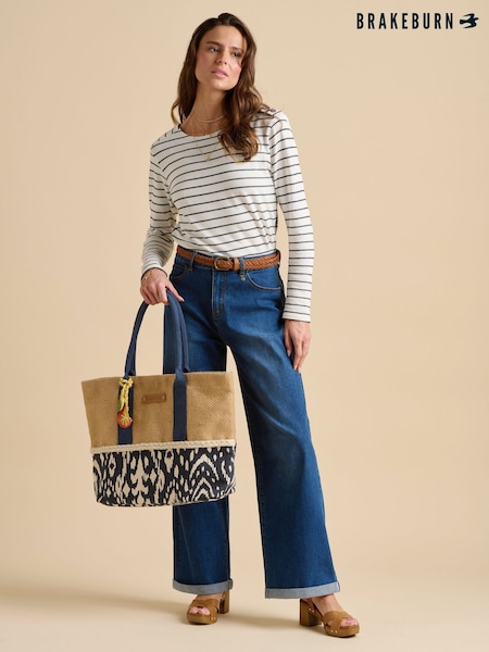 Valkoinen - Brakeburn Engineered Raita Bella Pyöreä kaula-aukko 100% Cotton Collegepaita (F90238) | €63