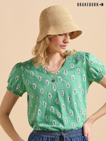 Brakeburn Green Woodblock Jersey 100% Cotton T-Shirt (F90302) | ₪166