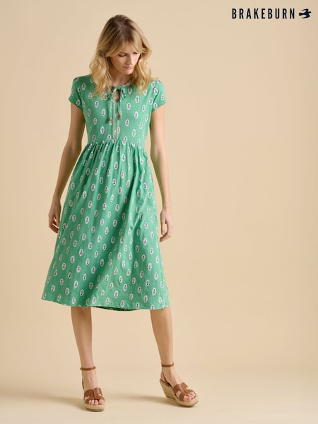 Brakeburn Green Woodblock Floral Knee Length Dress (F90304) | €86