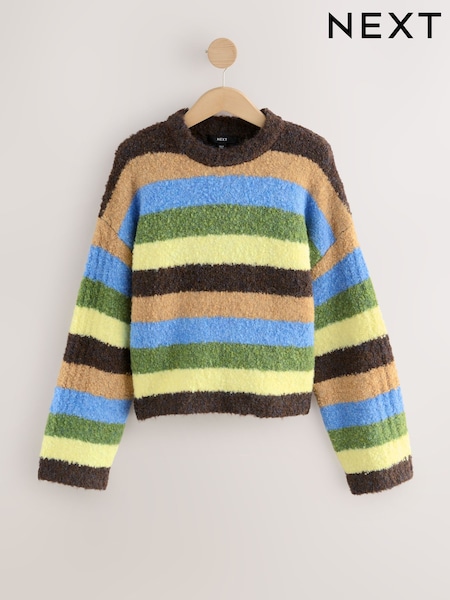Chocolate Brown/Blue Multi Stripe - Boucle Crew Neck Jumper With Wool (F90365) | R$ 305