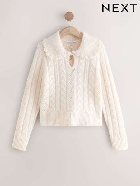 Ecru Cable Knit Collar Jumper With Wool (F90371) | AED185