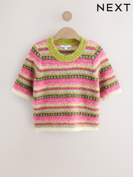 Pink Multi Stripe Ribbed Crew Neck Knitted T-Shirt With Wool (F90373) | €38