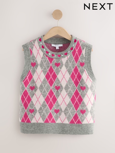Grey/Bright Pink Argyle Pattern Crew Neck Knitted Sleeveless Tank (F90397) | €34