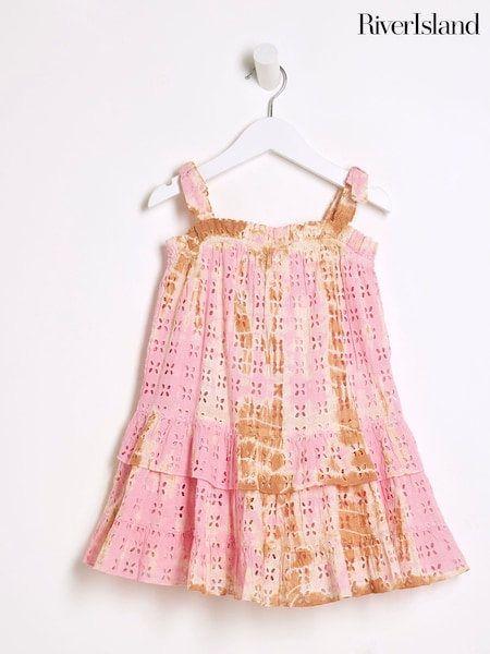 Roz - River Island Girls 100% rochie din bumbac cu broderie Tie Dye (F90434) | 164 LEI