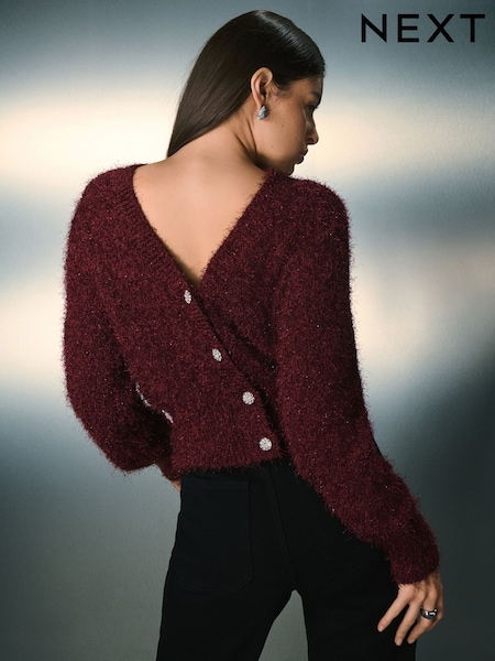 Burgundy Red Sparkle V-Neck Reversible Cardigan (F90710) | €44