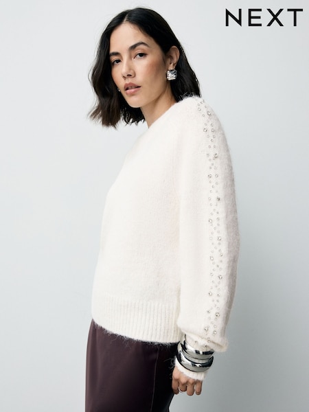 Ecru/White Gem Embellished Sleeve Jumper with Wool (F90711) | €61.50