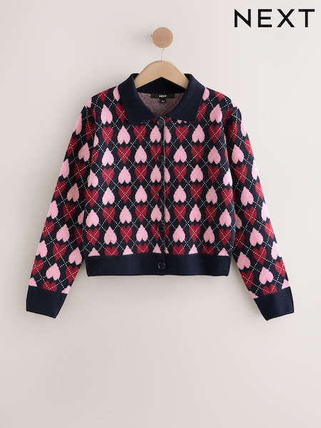 Navy Blue and Pink Heart Supersoft Knitted Shirt Collar Cardigan (F90725) | R$ 305