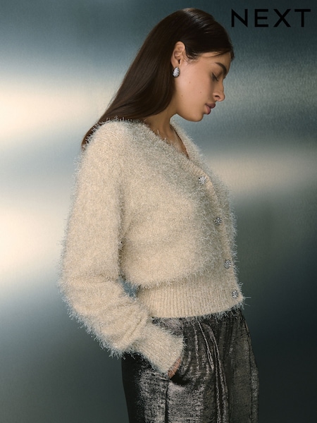 Ecru Sparkle V-Neck Reversible Cardigan (F90727) | €44