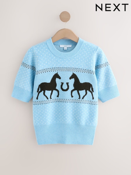 Light Blue Horse Super Soft Short Sleeve Knitted Top (F90741) | €30