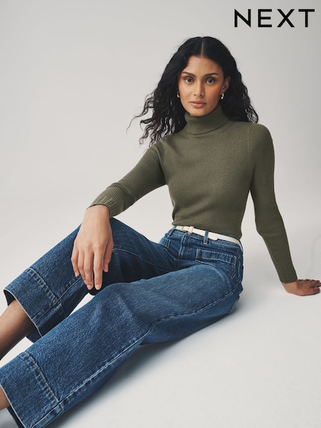 Verde cáqui - Roll Neck Ribbed Jumper With Wool (F90742) | R$ 175