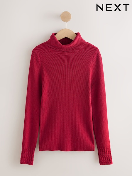 Cherry Red Roll Neck Ribbed Jumper With Wool (F90752) | €23
