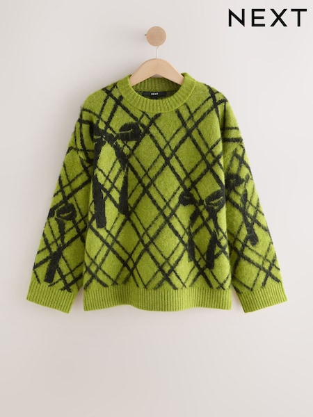 Bright Green Bow Check Brushed Crew Neck Jumper (F90759) | €45
