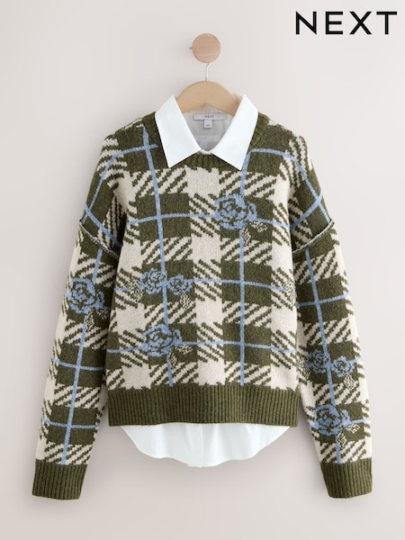 Khaki Green Floral Check Layer Knit Jumper (F90760) | €47