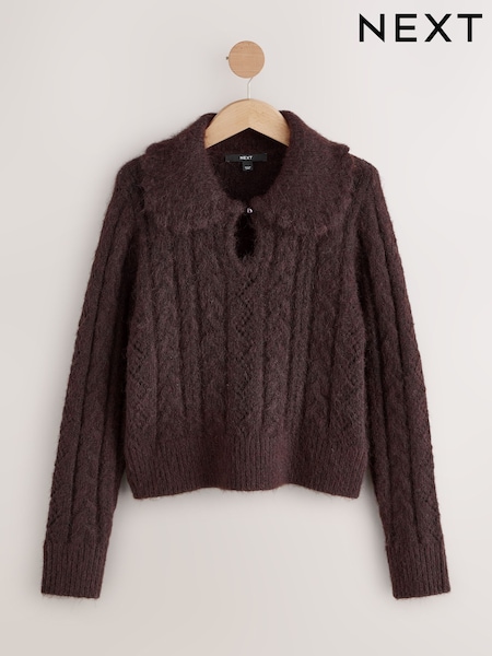 Chocolate marrom - Cable Knit Collar Jumper With Wool (F90764) | R$ 385