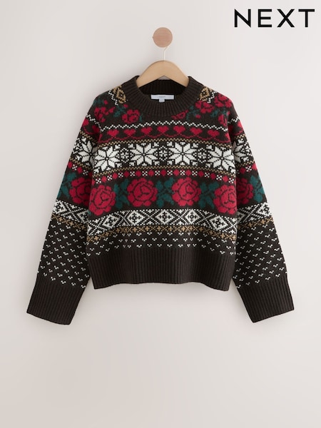 Chocolate Brown Fairisle Pattern Crew Neck Knitted Jumper with Wool (F90768) | €38