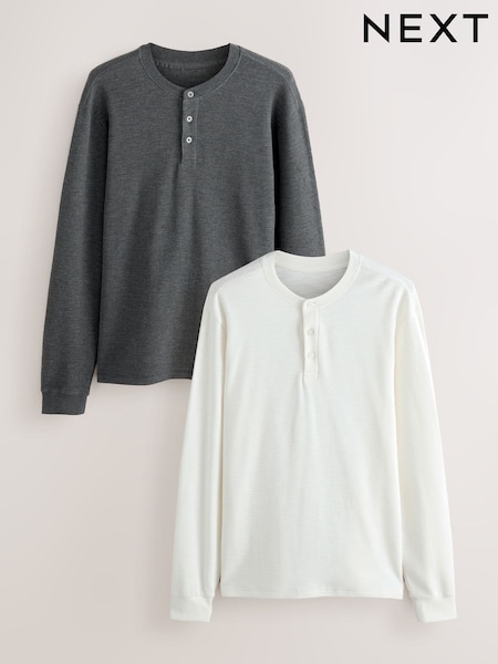 Charcoal Grey/Ecru White Long Sleeve Grandad Collar T-Shirts 2 Pack (F90823) | €63