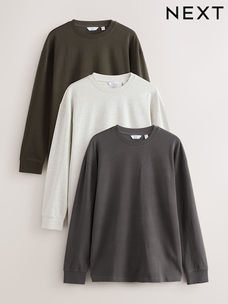 Slate Grey / Neutral Marl / Khaki Green Relaxed Fit Long Sleeve Heavyweight 100% Cotton T-Shirts 3 Pack (F90901) | 257 QAR