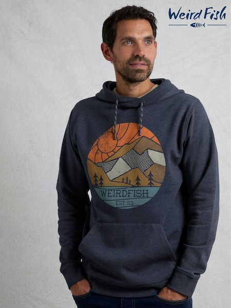 Weird Fish Navy Bryant Front Print Graphic Popover Hoodie (F90965) | ₪277