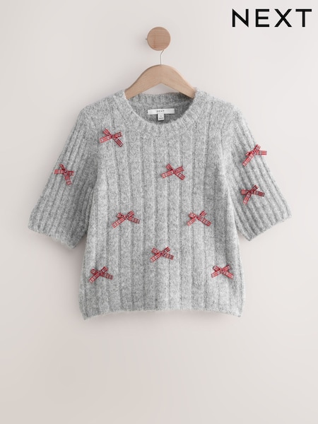 Cinza com laços xadrez - Ribbed Crew Neck Knitted T-Shirt With Wool (F91036) | R$ 280
