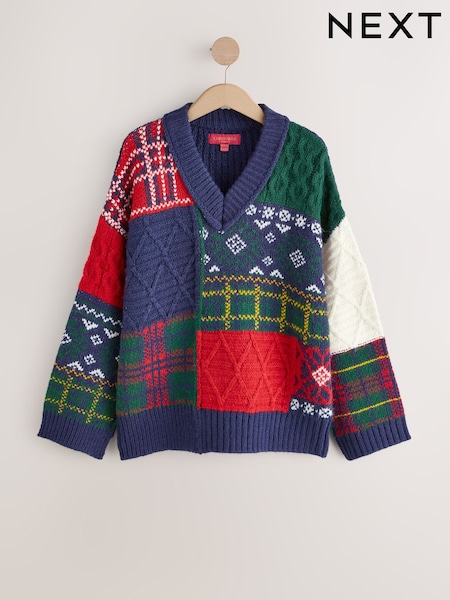 Navy Red Green Patched Christmas Jumper (F91073) | €56