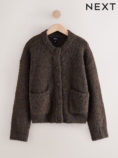 Chocolate Brown Boucle Pocket Crew Neck Cardigan With Wool (F91095) | €43