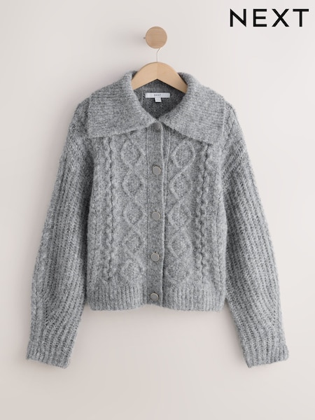 Grey Wool Blend Cable Knit Collar Cardigan (F91103) | AED176