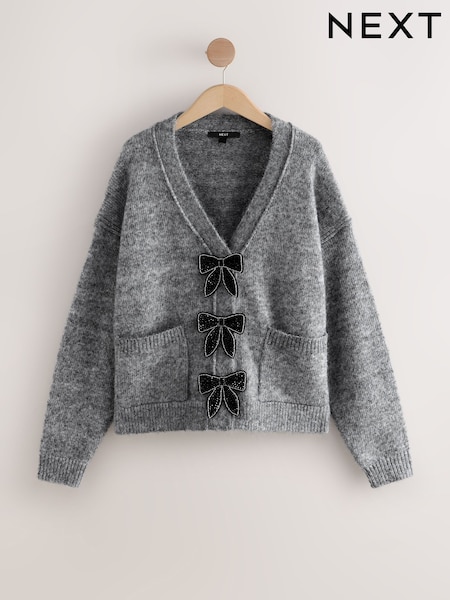 Cinza - Bow Button Pocket Cardigan (F91111) | R$ 420