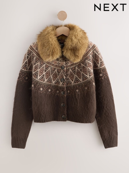 Chocolate Brown Fairisle Pattern Faux Fur Collar Cardigan (F91113) | €59