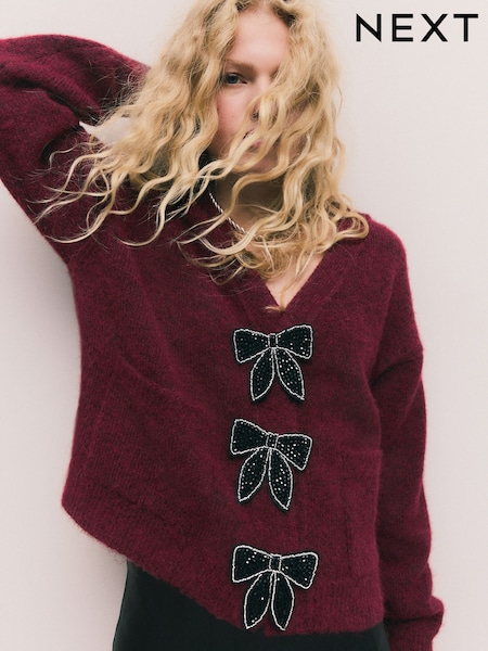 Jagodno rdeča - Bow Button Pocket Cardigan (F91116) | € 52