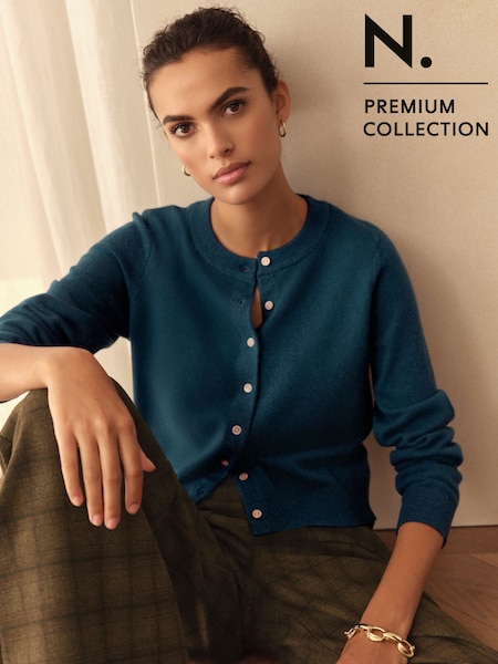 Teal Blue 100% Cashmere Long Sleeve Cardigan (F91117) | R$ 860