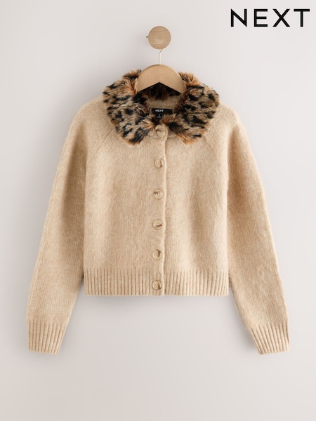Ecru/Leopard Print Faux Fur Collar Cardigan (F91119) | €55