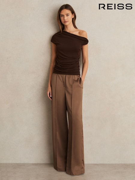 Taupe Neutral - Reiss Elsie Satin Wide Leg Elastic Waist Trousers (F91358) | 1,238 LEI