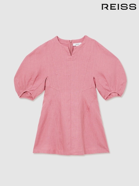 Reiss Pink Romy Linen Balloon-Sleeve Dress (F91364) | AED540