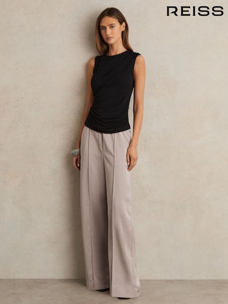 Reiss Grey Elsie Satin Wide Leg Elastic Waist Trousers (F91377) | AED1,080