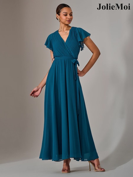Jolie Moi Blue Chiffon Flutter Sleeve Maxi Dress (F91403) | €111