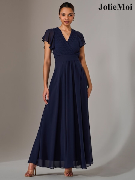 Jolie Moi Blue Chiffon Pleated Maxi Dress (F91404) | €111