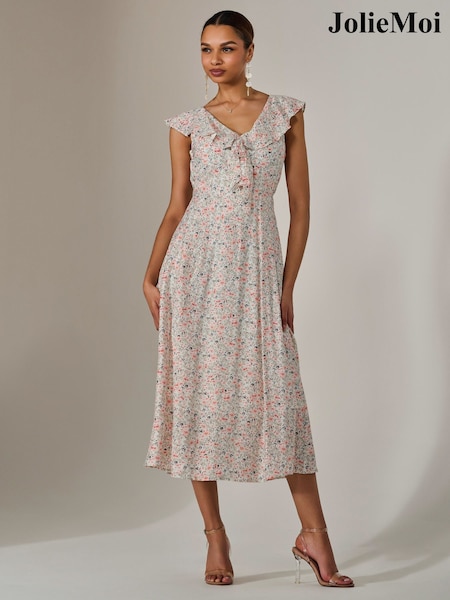Jolie Moi Pink Frill V-Neck Midaxi Dress (F91407) | €83