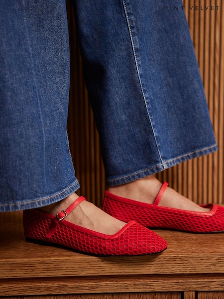 Mint Velvet Red Mesh Ballet Flats (F91413) | ₪498