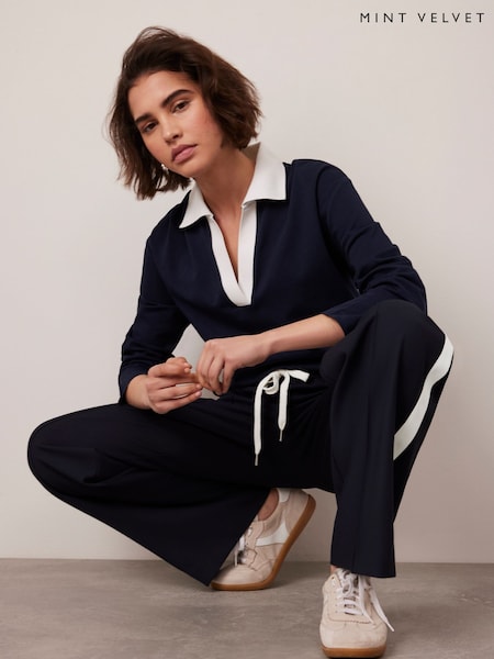 Mint Velvet Blue Long Sleeve 100% Cotton Polo Top (F91418) | AED344