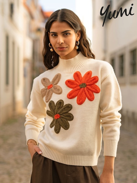 Yumi Cream Knitted Jumper With Appliqué Flower (F91439) | €58