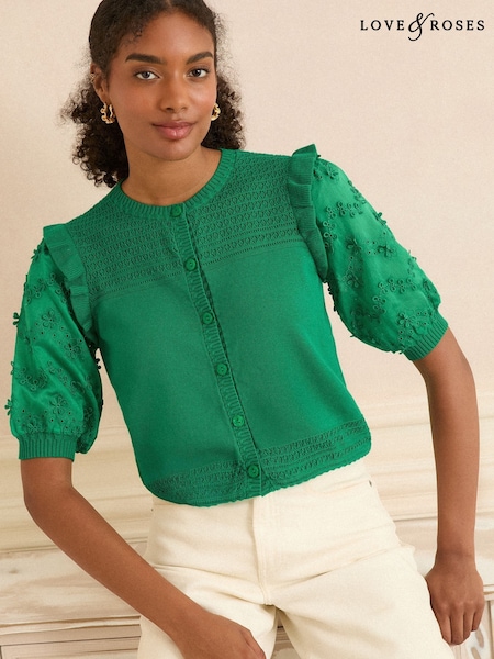 Verde deschis - Love & Roses Broderie tricotat cu mânecă țesută și Cardigan (F91450) | 290 LEI