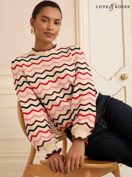 Cream Wavy Rainbow Stripe - Love & Roses Frill Neck Knitted Jumper (F91457) | R$ 395