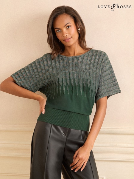 Love & Roses Forest Green Multi Lurex Batwing Knitted Top (F91458) | R$ 385