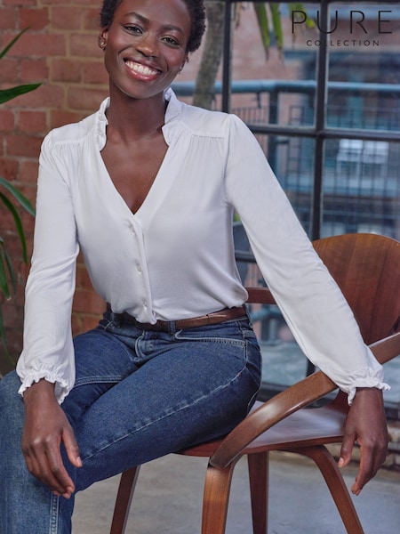 Pure Collection Frill Open Neck White Jersey Top (F91471) | €69