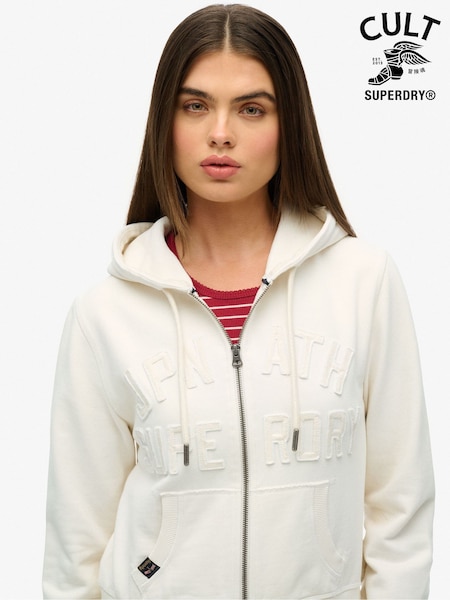 Superdry White Athletic Essentials Tonal Cropped Zip 100% Cotton Hoodie (F91513) | $96