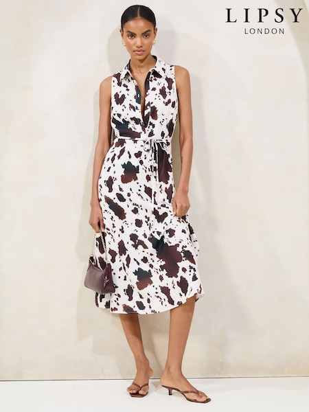 Lipsy White Brown Cow Printed Sleeveless Button Down Midi Shirt Dress (F91601) | €70.50