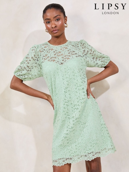 Verde - Lipsy Lace Short Sleeve Mini Shift Dress (F91602) | 83 €