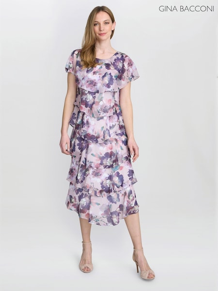 Gina Bacconi Purple Livvy Midi Length Printed Tier Dress (F91613) | ‏1,308‏₪