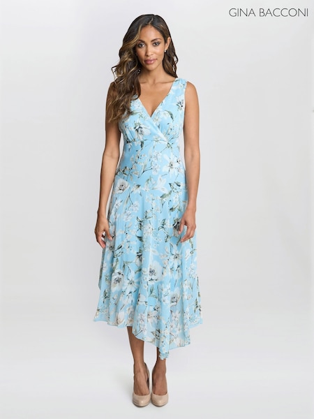 Gina Bacconi Blue Cressida Floral Print Chiffon Asymmetric Hem Dress (F91616) | €199